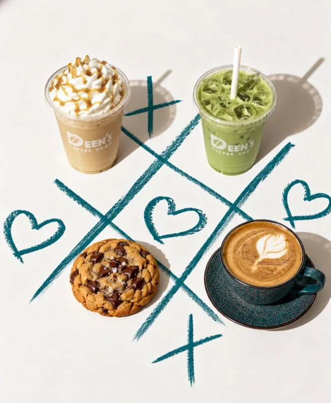 Iced latte, iced matcha, cookie and cappuccino